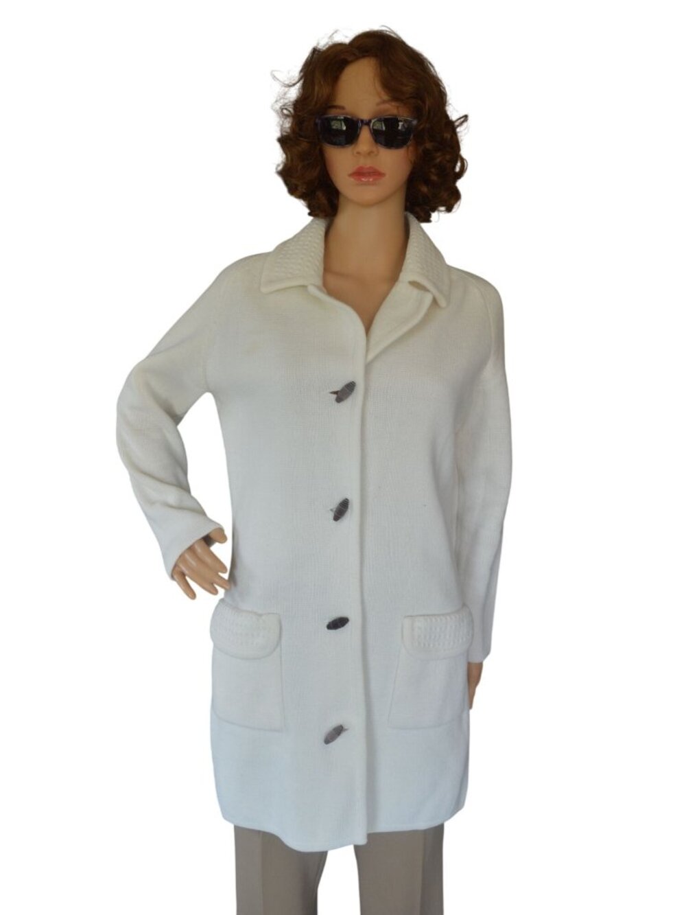 Vintage 70s White Cardigan Wood Buttons Women Estimated L Retro Preppy Coquette